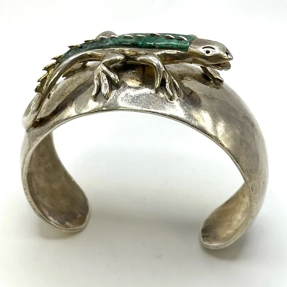 Taxco Sterling Silver Cuff Bracelet with Turquoise Inlaid Lizard 3D 925 Large - Picture 2 of 8
